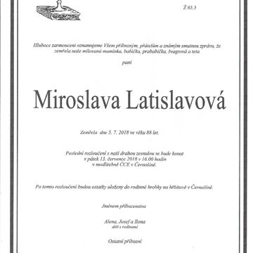 Rozloučení se sestrou Miroslavou Latislavovou 13. 7. 2018